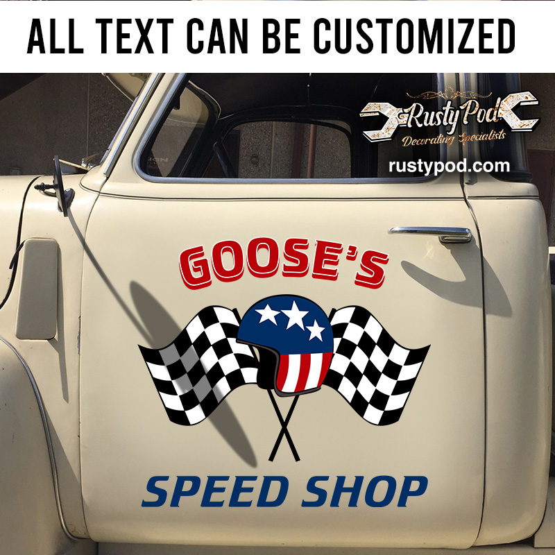 personalized checker flag and motor helmet lettering vinyl sticker 10848